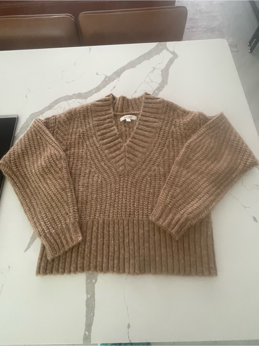 Per Una by Marks & Spencer Ribbed V-Neck Sweater in Caramel